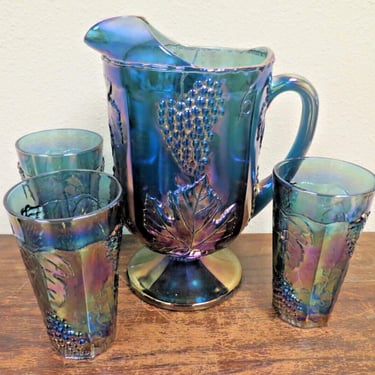 Indiana Glass Blue Harvest Iridescent Pitcher 3 Tumblers Carnival Glass Vintage 