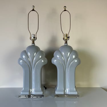 1980's Hollywood Regency Sculptural Gray Ceramic & Lucite Base Table Lamps - a Pair 