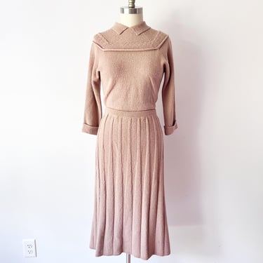 SIZE XS / S Vintage 50s Lofties Tan Knit Sweater Set / Vintage Boucle Knit Set / Collared 2 Piece Knitwear in Taupe 