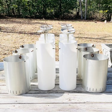 Vintage 1950s MID Century Modern Light Fixture Cylinder White Milk Glass Tubular Atomic Silver Aluminum Shade Swivel Rod (5 available) 