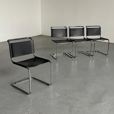 Set of 4 Iconic Vintage Mart Stam S33 Design Cantilever Tubular Steel and Leather Chairs, Italy 