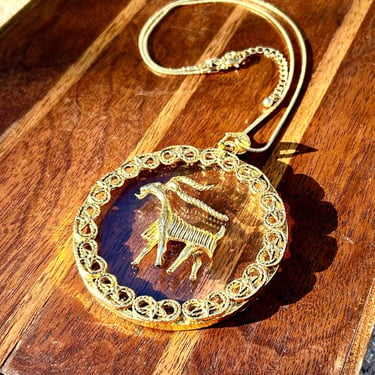 Vintage Capricorn Pendant Necklace Gold Tone Medallion Lucite Goat Retro Fashion Jewelry 60s 70s 1960s 1970s 