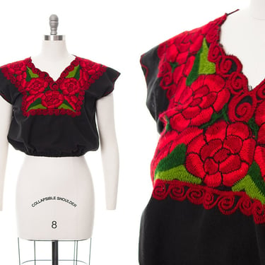 Vintage Top | 70s Style Floral Embroidered Mexican Cotton Crop Top Black Red Blouse (small/medium) 