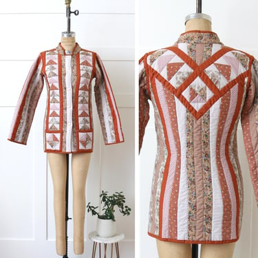 vintage 1970s handmade quilted jacket • boho cotton calico quilt jacket in orange & white 