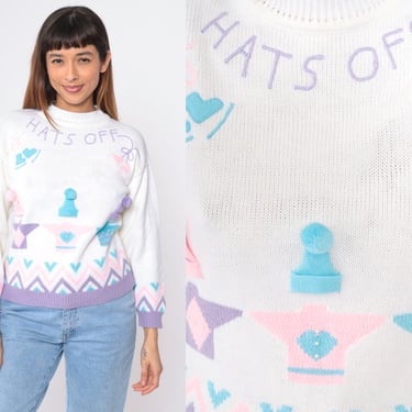 90s Ski Sweater Hats Off White Ice Skating Sweater Pastel Winter Sweater Snow Graphic Zig Zag Novelty Sweater Ice Skate Sweater Youth Large 