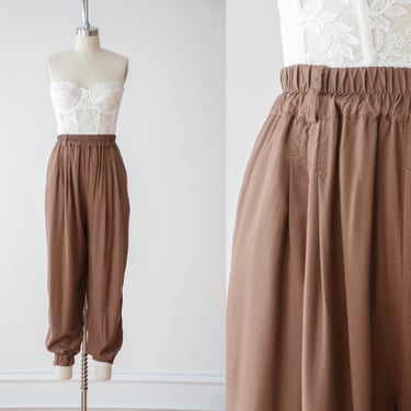 brown harem pants | 80s 90s vintage high waisted loose baggy elastic waist tapered leg jogger style pants 