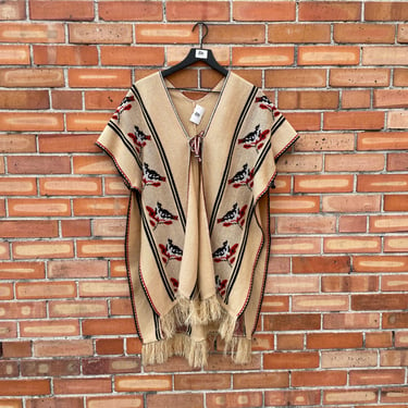 vintage 70s brown knit bird print poncho sweater / osfm 