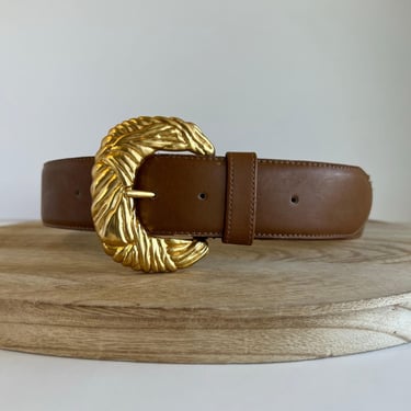 Vintage Tan Brown Genuine Leather Wide Chunky Gold Buckle Belt Size Medium 