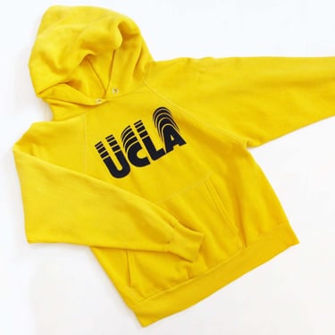 Vintage UCLA Hooded Raglan Sweatshirt XS S - Flocked Yellow Gold Blue 70s Los Angeles Hoodie - Collegiate College Sports Sweater 