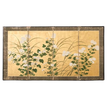 Japanese Edo Four Panel Screen Flowering White Chrysanthemums