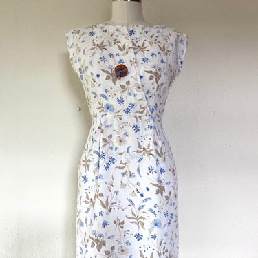 1960s Cream floral print linen dress 