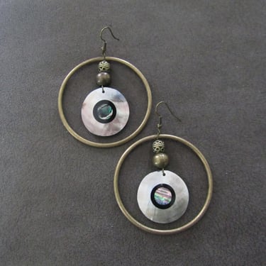 Bronze and mother of pearl shell hoop earrings 