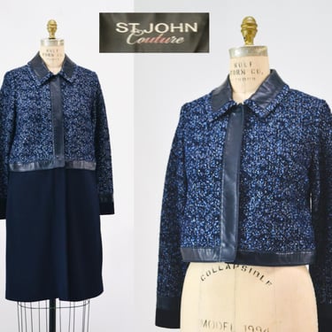 Vintage St. John Couture Navy Blue Jacket Blue Boucle Jacket Leather Size 4 Blue  Jacket St John Navy Blue Convertible Leather Wool Jacket 