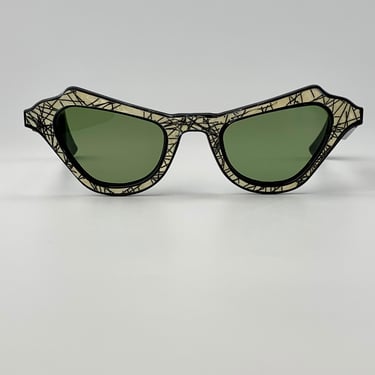 1950'S Cat Eye Sunglasses - Black Plastic Frames with 50's Patterned Details - Original Green Glass Lenses 