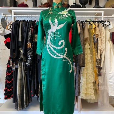 vintage green silk bird embroidered cheongsam, mandarin collar Ao Dai dress, sm 