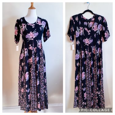 Vintage 90s Indian Rayon Black Floral Maxi Dress Small 