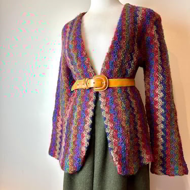 70’s Vintage sweater jacket~ IB Diffusion ~ zigzag striped woven nubby cardigan 1970’s open front stylish knit/ wool blend size SM 
