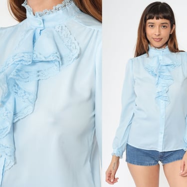 Baby Blue Ruffle Shirt 70s Tuxedo Button Up Jabot Collar Blouse Lace Secretary Shirt Victorian Long Puff Sleeve Top Vintage 1970s Small S 