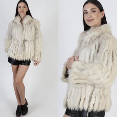 Arctic Fox Fur Jacket, Off White Shawl Collar, Striped Corded Coat, Womens Winter Belted Overcoat 