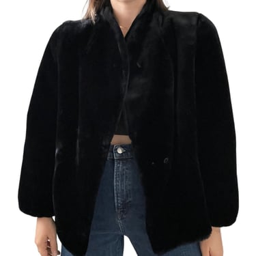 Vintage 1960s Womens Black Faux Fur Fluffy Hollywood Regency Cropped Jacket Sz M 