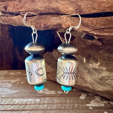 STERLING SILVER and Turquoise Barrel Earrings | Handcrafted Navajo Jewelry | Native American, Southwestern | Dangle Drop 