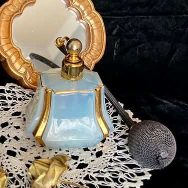 Blue Glass Perfume Bottle,France, Atomizer, Gold Metallic Trim, Vanity Decor, Gift Idea 