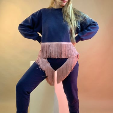 Fringe Upcycled sweatsuit, vintage navy sweatsuit, western fringe 2 piece, western fringe set 