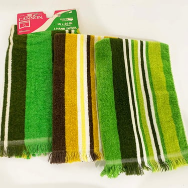 Vintage Cannon Sears Hand Towels Brown Green Striped Towel Bathroom Stripes Set of 3 Deadstock NOS 1970s 