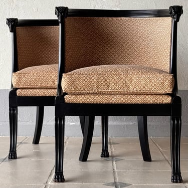 Pair of 19th C. French Ebonised Armchairs with Ramsheads