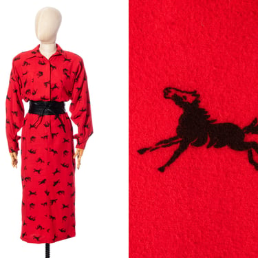 Vintage 1980s Shirt Dress | 80s NORMA KAMALI Horse Novelty Print Cotton Flannel Red Long Sleeve Sheath Wiggle Day Dress (medium) 