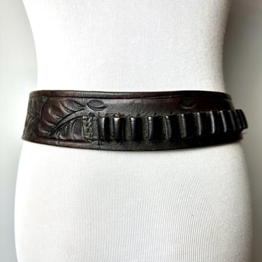 Vintage Black tooled leather Holster  bullet belt~ wide heavy rugged belt with ornate stamped tooling detail~ Western Cowboy size 33”-37” L 