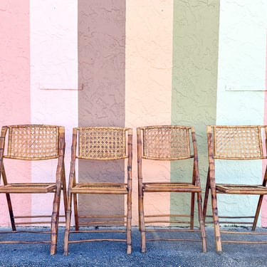 Set of Four Bamboo and Cane Folding Chairs