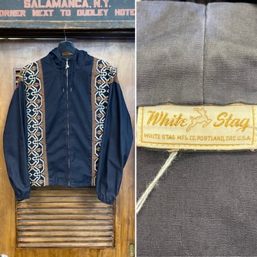 Vintage 1960’s Black Color “White Stag” Embroidered Cotton Mod Hooded Jacket, 60’s Vintage Clothing 