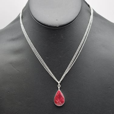 80's ruby sterling teardrop edgy elegant pendant, unusual 3 strand Italy 925 silver raw ruby necklace 