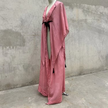 Antique 1910s Pink Crepe De Chien Silk Robe Angel Bat Sleeves Dress Coat Vintage