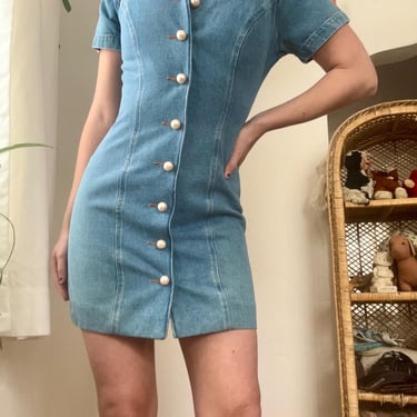 Vintage 80s 90s Denim Pearl Button Denim Corset Mini Dress Short Sleeve Size 6 Small Medium by TimeBa