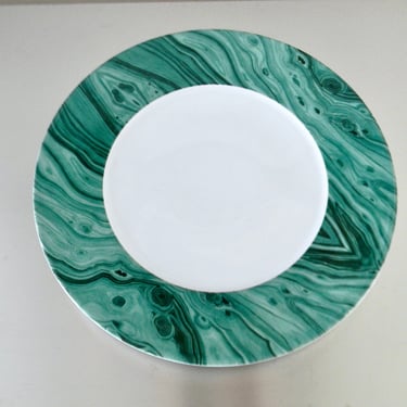 Vintage Rosenthal Malachite Edge Charger Plate, Unique 80's Malachite Print Banded Under Plate, Spanish Porcelain Plant Tray, Serving Tray 
