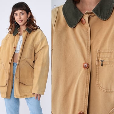 LL Bean Chore Coat 90s Work Wear Jacket Tan CORDUROY COLLAR Barn Jacket Button Up Vintage Workwear Cotton Field Jacket 1990s Men's Large 