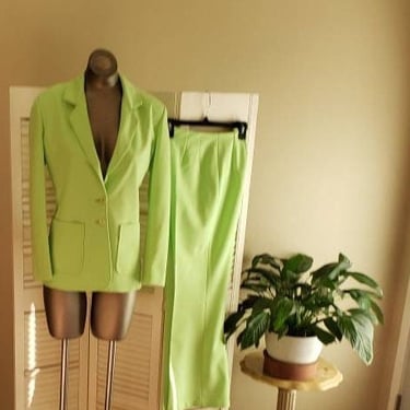 vintage 70s 80s Dayglo Green Bellbottom Mod Pant Suit   sz M Pockets! 