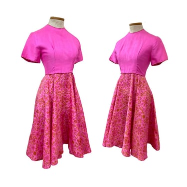 Vtg 60s Mod Dayglow Era Fluorescent Hot Pink Indian Block Print Party Dress 