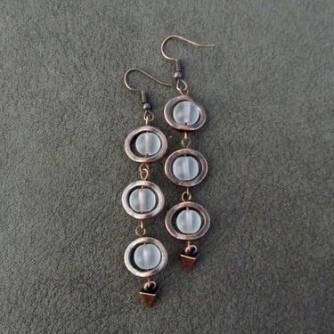 Long frosted glass  and copper earrings 