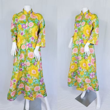 1960's Green Floral Print Acetate Long Embossed House Dress I Robe I Lounger I Sz Med 