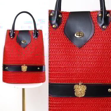 Vintage 1960s Oversized Purse | 60s Giant Red Raffia Black Vinyl Coat of Arms Top Handle Summer Picnic Handbag 