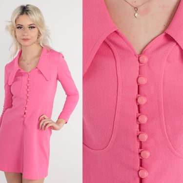 60s Mod Dress Bright Pink Mini Shift Dress Dog Ear Collar Hippie Vintage 70s Twiggy Sixties Space Age Long Sleeve Button Up Extra Small xs 