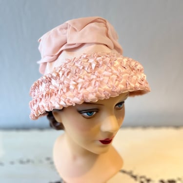 Quick as a Pink Wink - Vintage 1950s 1960s Pale Pink Raffia Bucket Lampshade Hat w/Pink Ribbon Crown 
