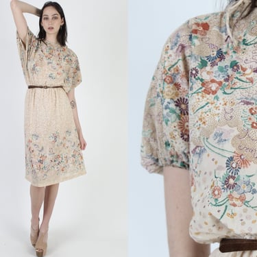 Vintage 80s Sheer Tan Floral Dress / Thin See Through Bouquet Flowers / 1980s Airy Tie Neck Mini Midi 