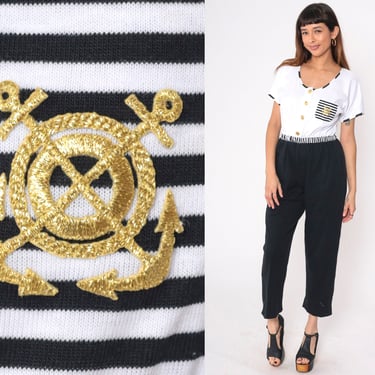 80s Jumpsuit Nautical Pants Black White Striped Sailor Gold Embroidered Anchor Button Up Pocket Vintage Short Sleeve Romper Pants Medium 