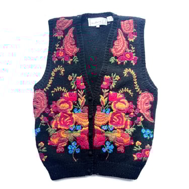 Grandma Embroidered Knit Sweater Vest, Women’s Black Floral Vest with Red, Gold, Green and Blue Flower Design, Needleworks 1989 Label / Sz S 