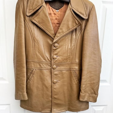 70's Tan SUPPLE Real Leather Coat Jacket, Mod Hippie Unisex Mens Vintage Light Brown Coat Wide Lapels 1960's, 1970's 