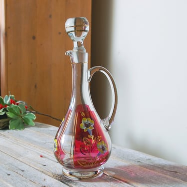 Vintage painted glass carafe /  red hand painted floral Bohemian glass wine carafe / vintage barware / vintage glassware / vintage decanter 